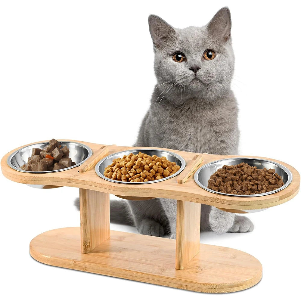 3 in 1 Food & Water Bowls with Wood Stand