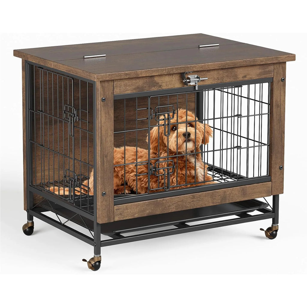 Rustic Dog Crate Furniture with Wheels 26in