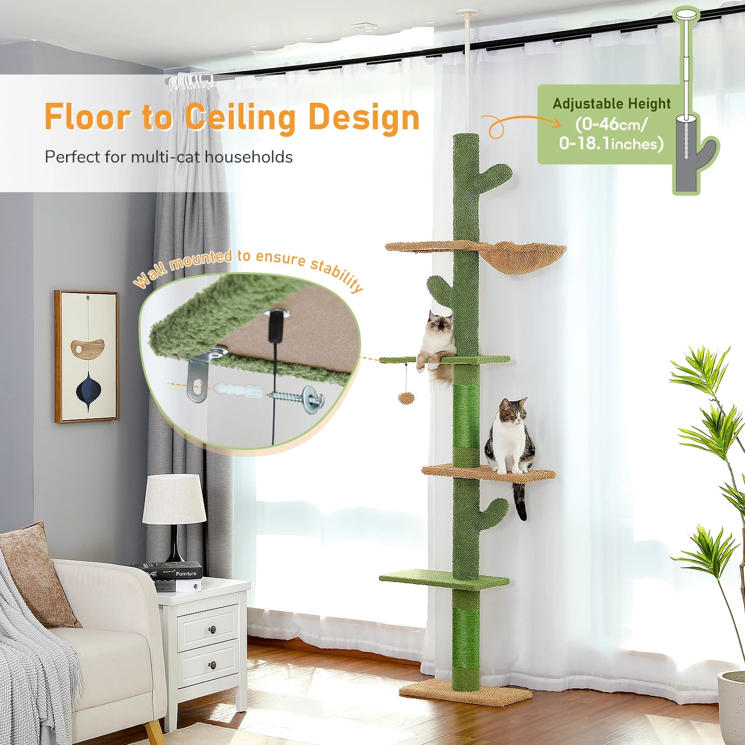 5-Tier Floor to Ceiling Cactus Cat Tower