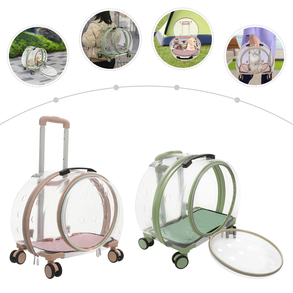Pink/Green Breathable Pet Dog Cat Carrier with Wheels