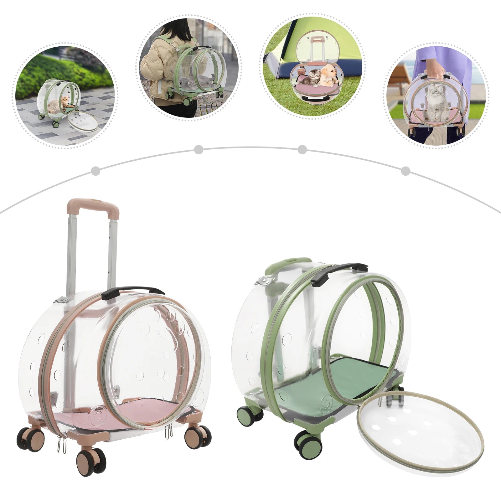 Pink/Green Breathable Pet Dog Cat Carrier with Wheels