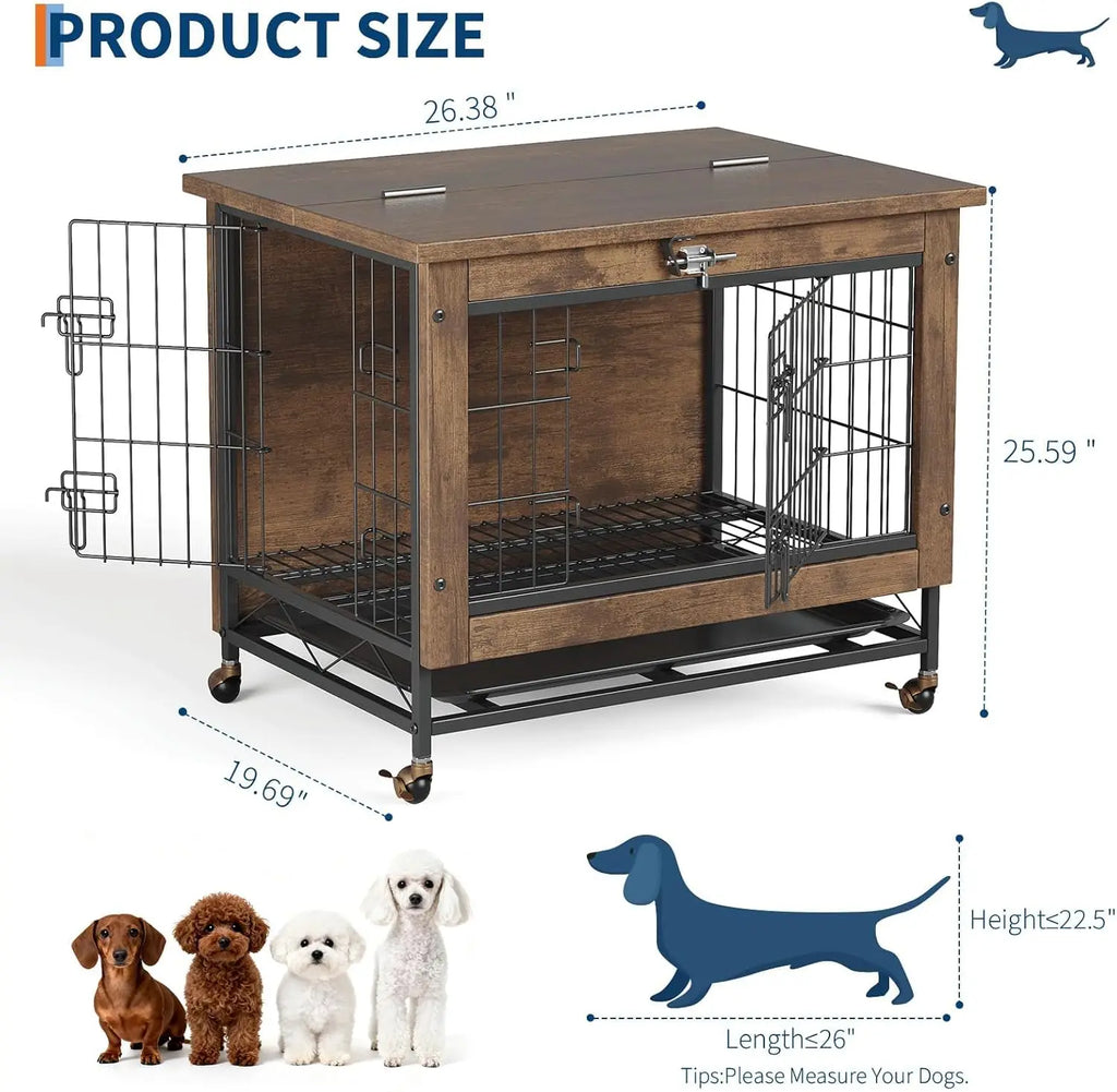 Rustic Dog Crate Furniture with Wheels 26in