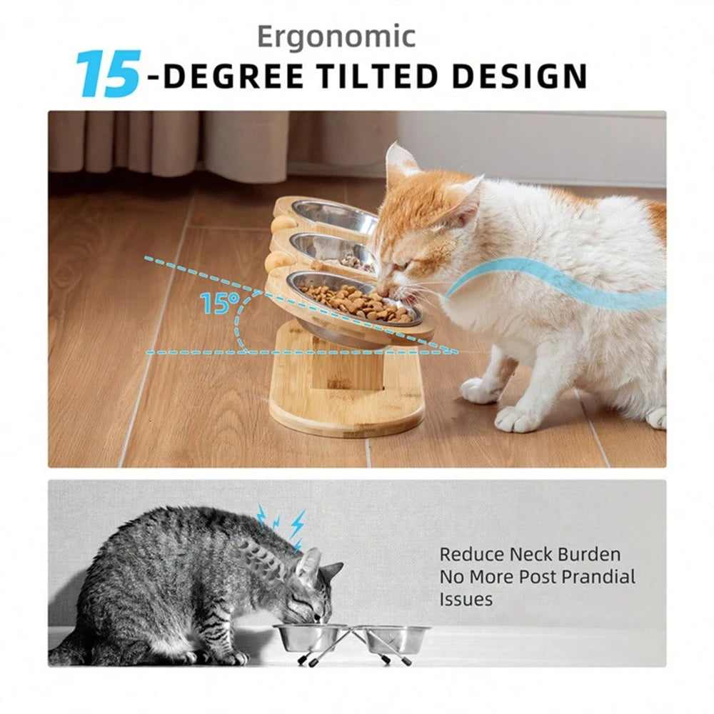 3 in 1 Food & Water Bowls with Wood Stand