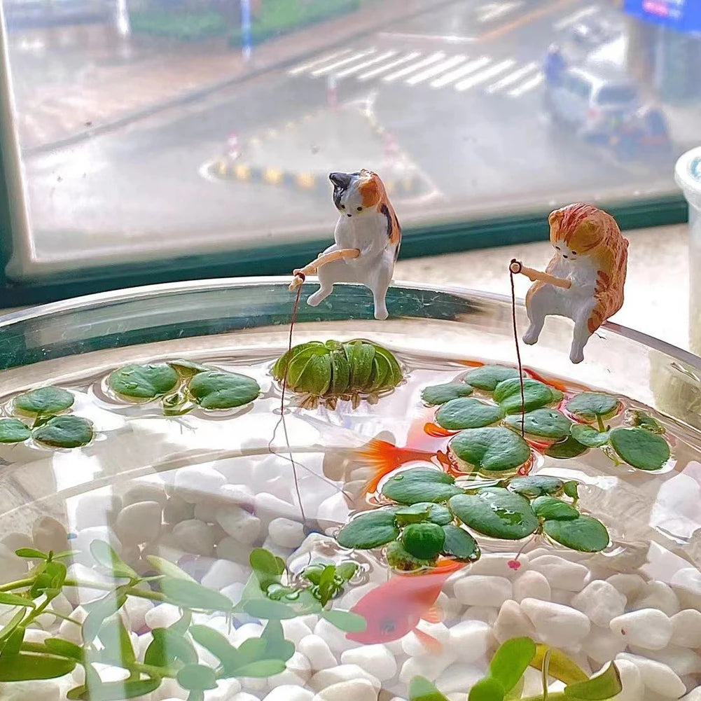 Cute Fishing Cat Figurine Ornament Aquarium Decoration