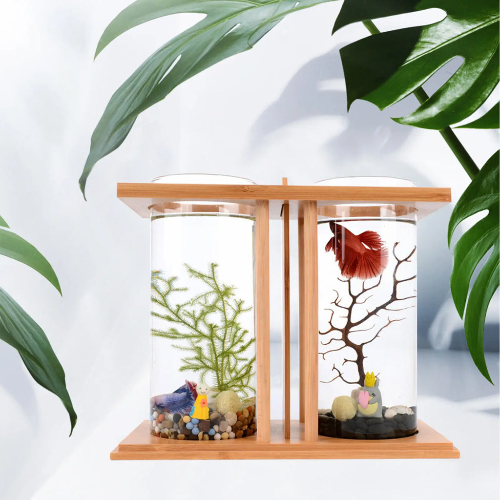 Dual Glass Betta Fish Tank with LED Light Bamboo Base