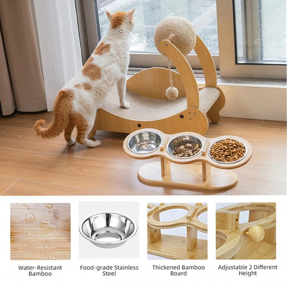3 in 1 Food & Water Bowls with Wood Stand