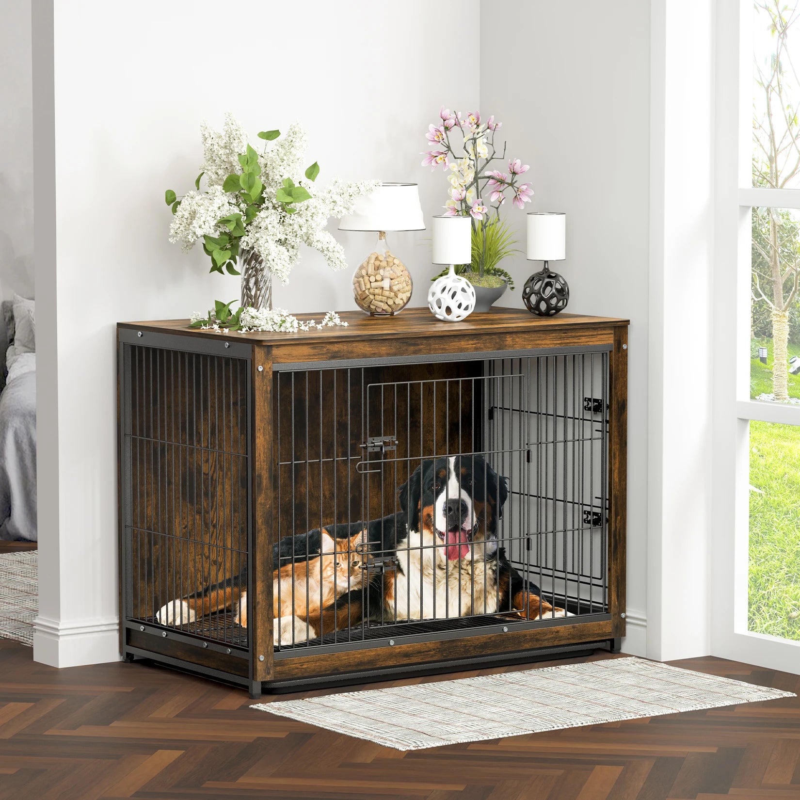 Pet Dog Cage Kennel End Table with 2 Doors
