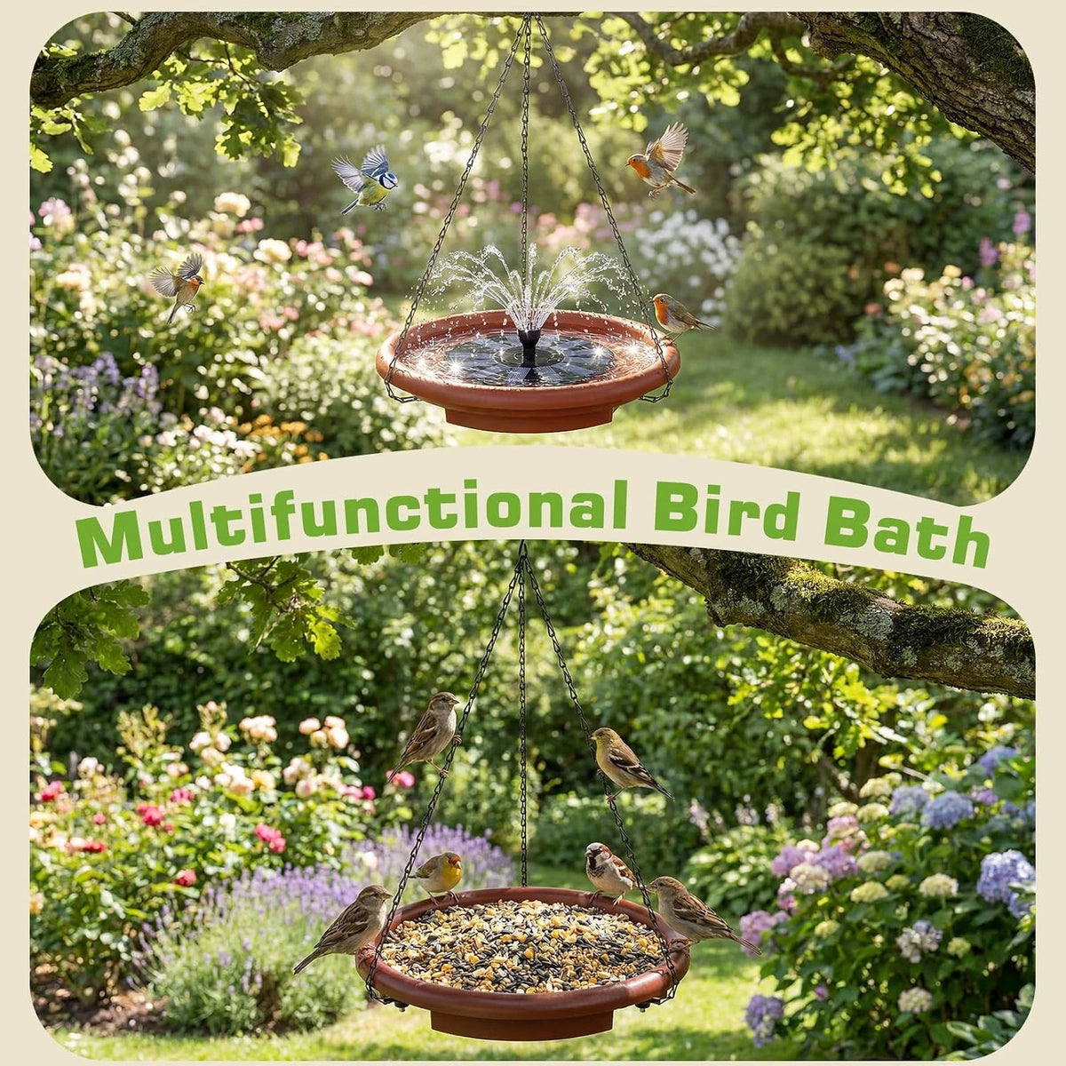 15 inch Hanging Solar Powered Bird Bath & Feeder