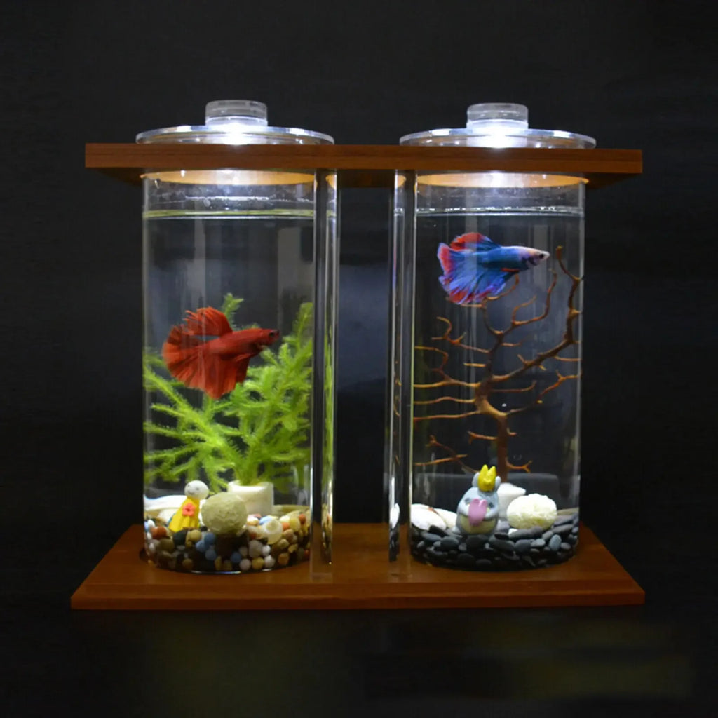 Dual Glass Betta Fish Tank with LED Light Bamboo Base