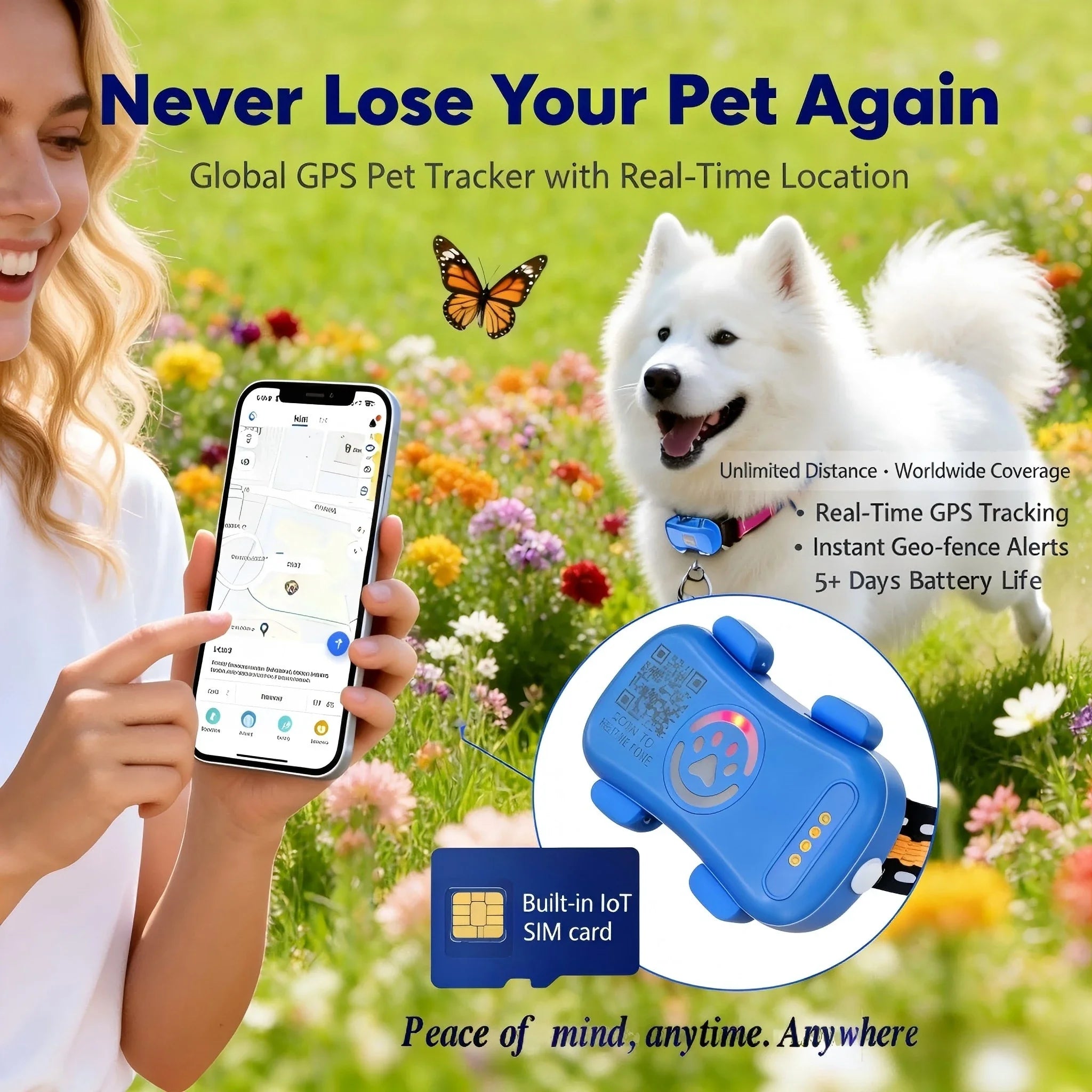 GPS Pet Tracker for Dogs Cats Built-in IoT Sim