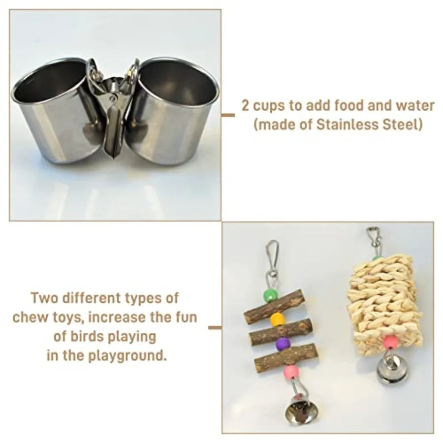Natural Wood Bird Toy Playground with Perches and Cups