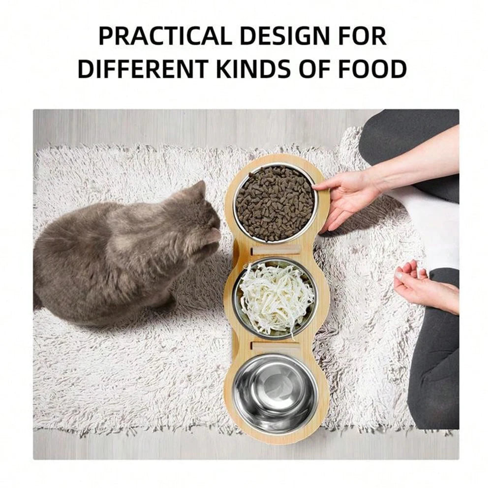 3 in 1 Food & Water Bowls with Wood Stand
