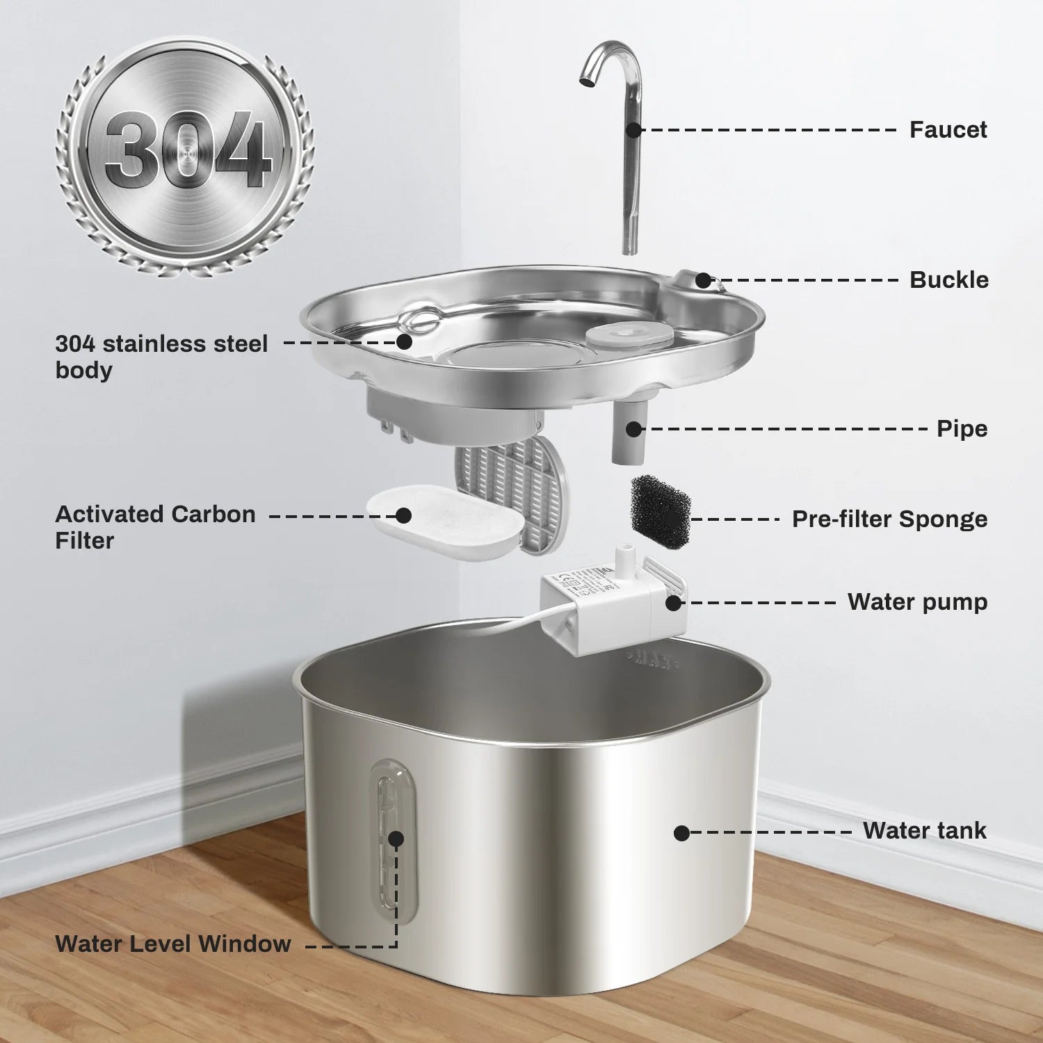 2.2L Stainless Steel Cat Water Fountain Ultra Quiet