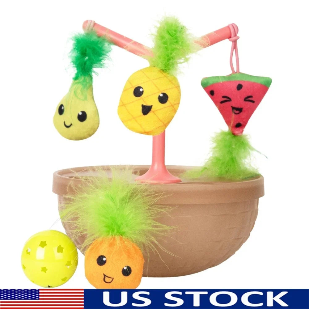 Wobbling Cat Fruit Bowl with 5 Interactive Catnip Toys