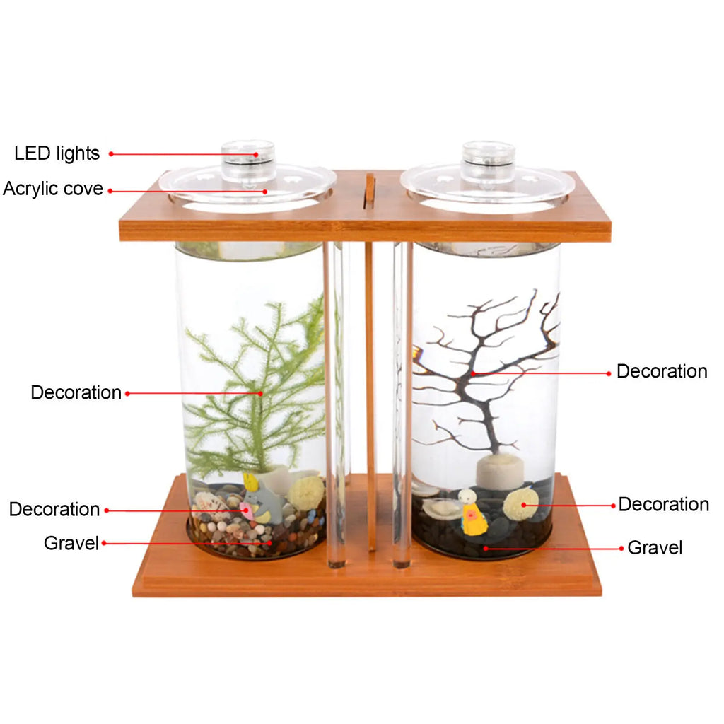 Dual Glass Betta Fish Tank with LED Light Bamboo Base