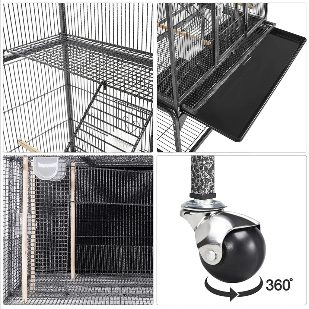 69-Inch Large Black Metal Bird Cage with Wheels