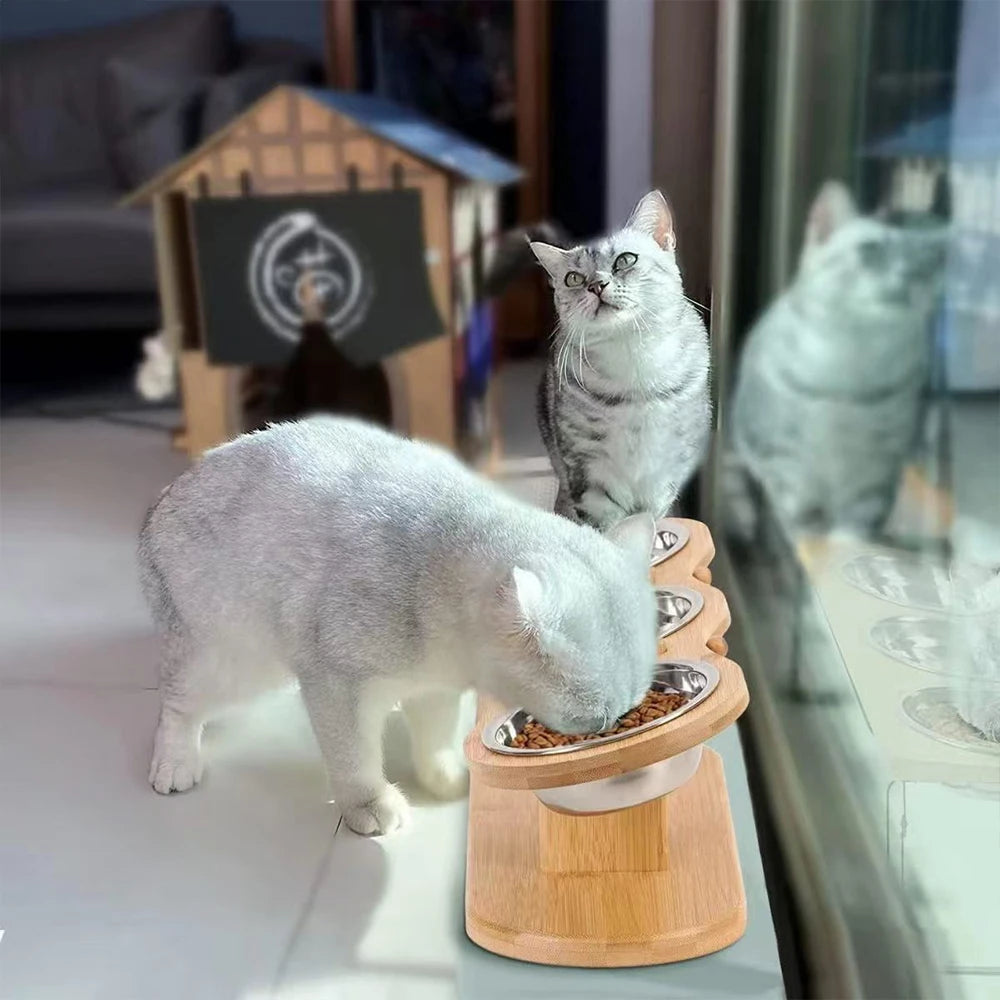 3 in 1 Food & Water Bowls with Wood Stand