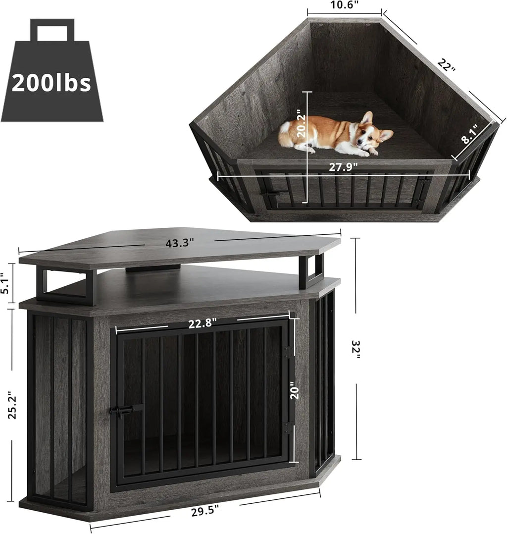 44" Corner Dog Crate with 2-Tier Shelves
