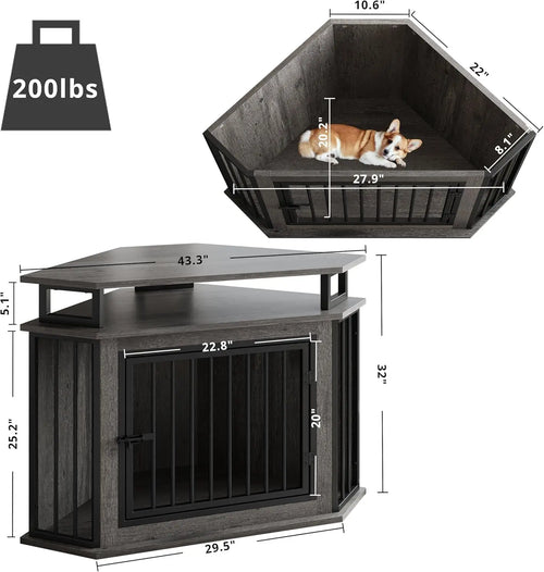 44" Corner Dog Crate with 2-Tier Shelves