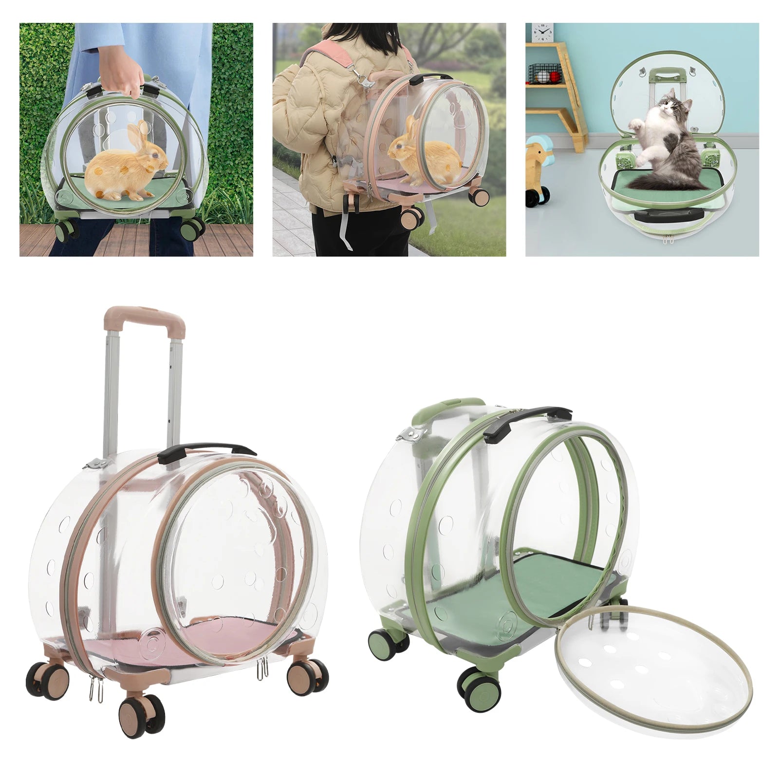 Pink/Green Breathable Pet Dog Cat Carrier with Wheels