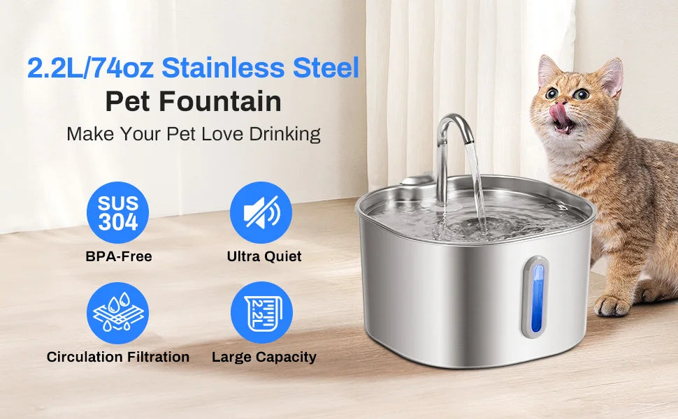 2.2L Stainless Steel Cat Water Fountain Ultra Quiet