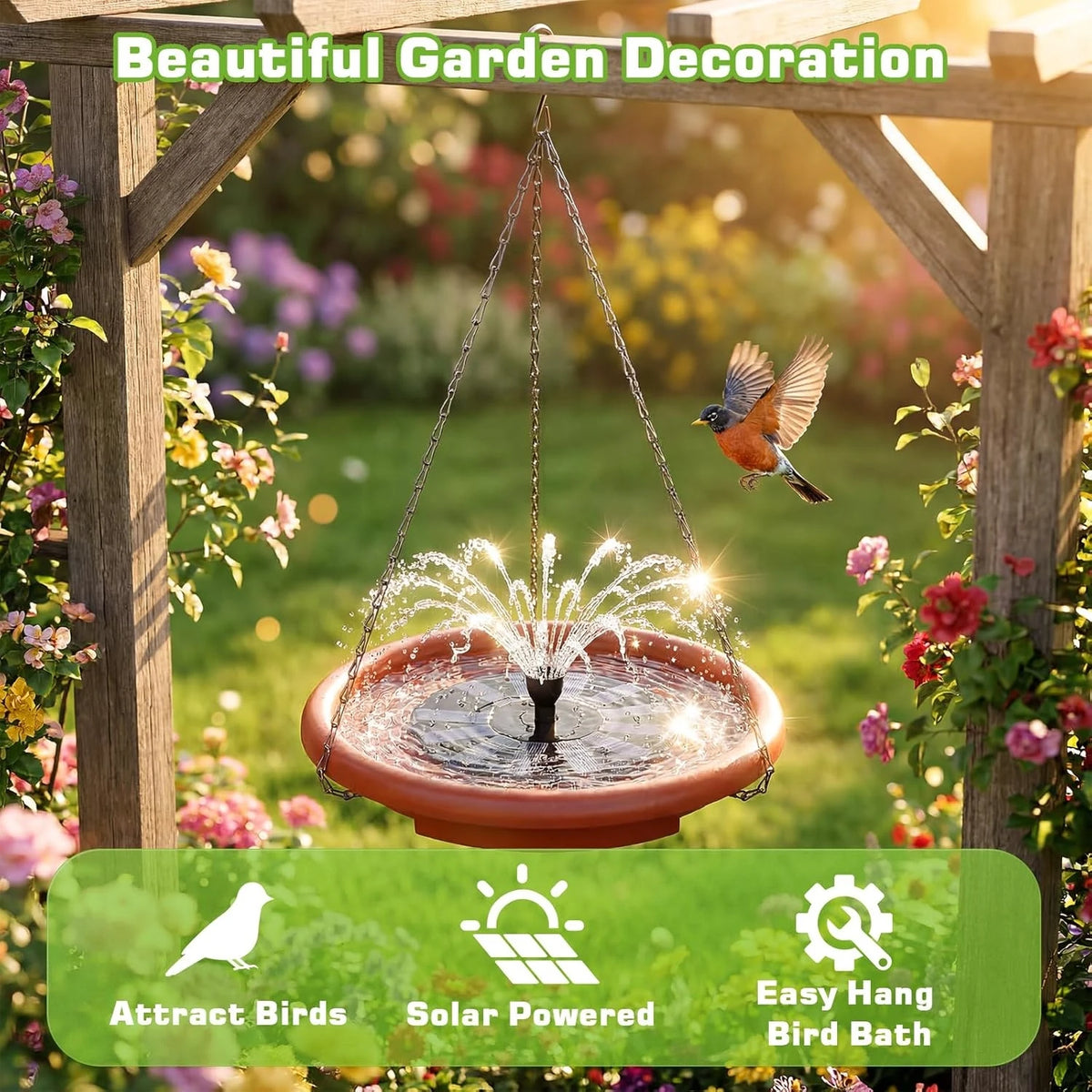 15 inch Hanging Solar Powered Bird Bath & Feeder