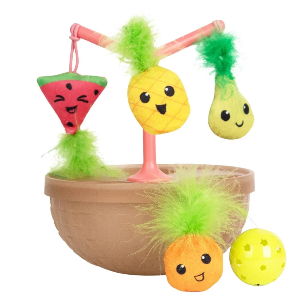 Wobbling Cat Fruit Bowl with 5 Interactive Catnip Toys