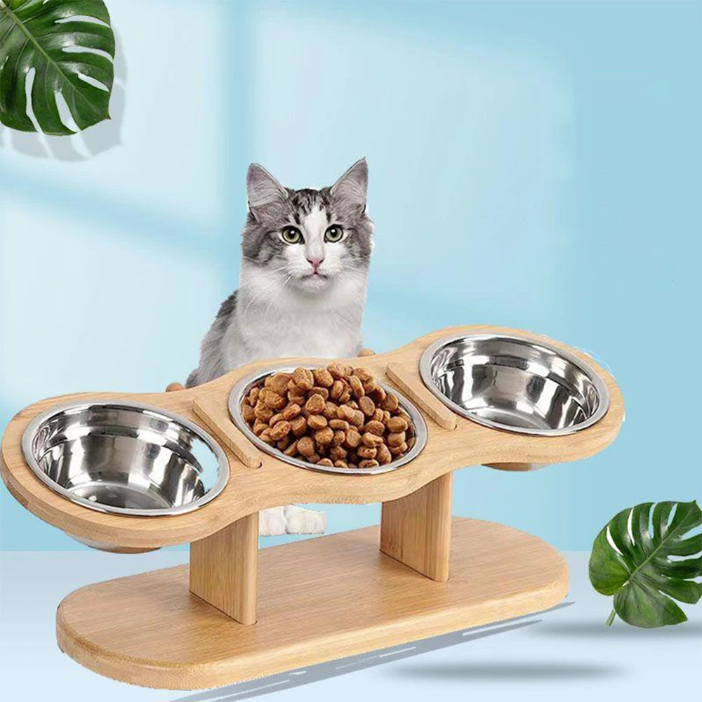 3 in 1 Food & Water Bowls with Wood Stand