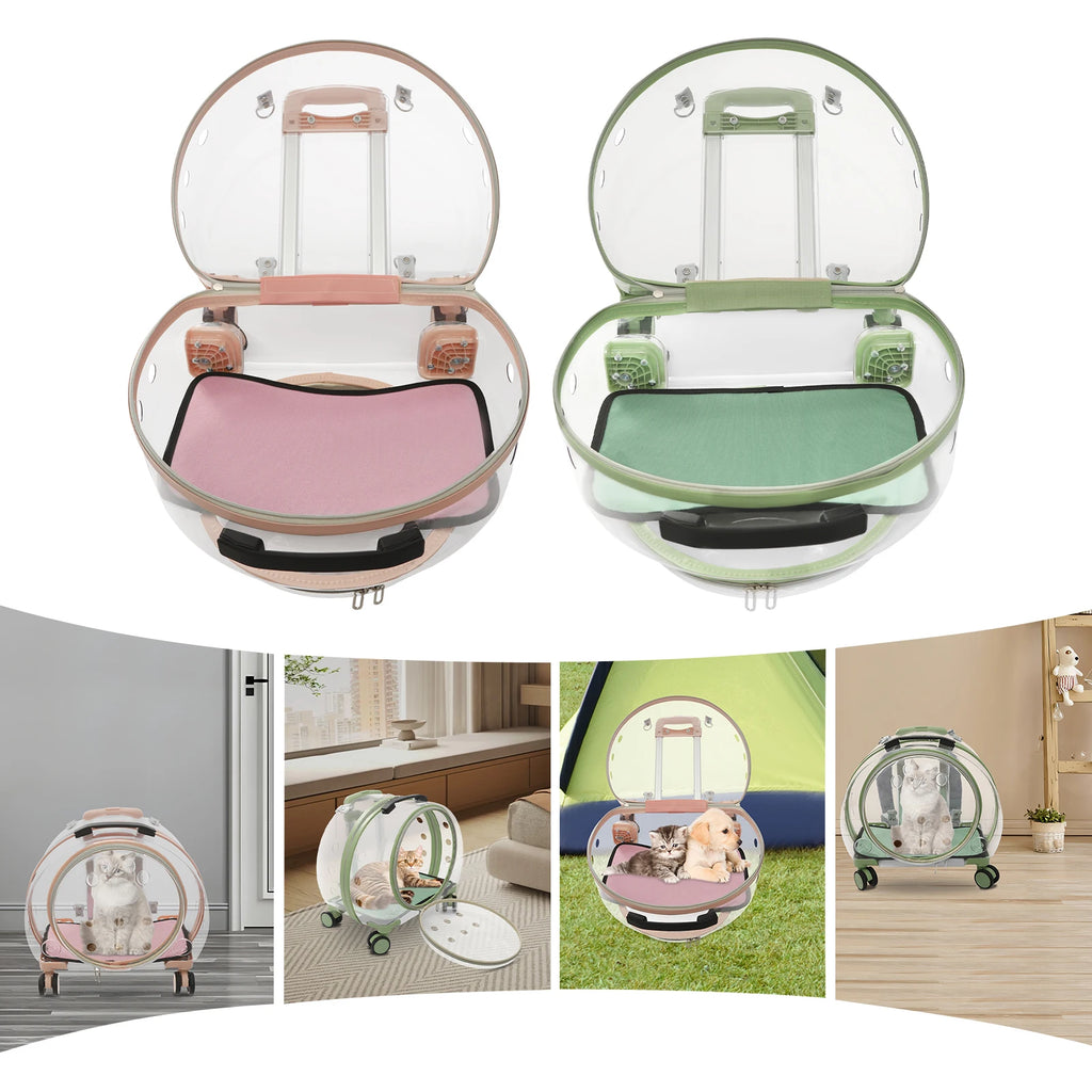 Pink/Green Breathable Pet Dog Cat Carrier with Wheels