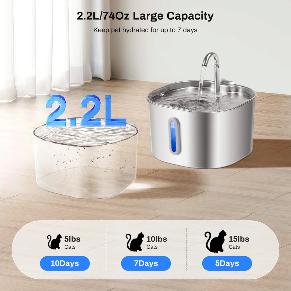 2.2L Stainless Steel Cat Water Fountain Ultra Quiet