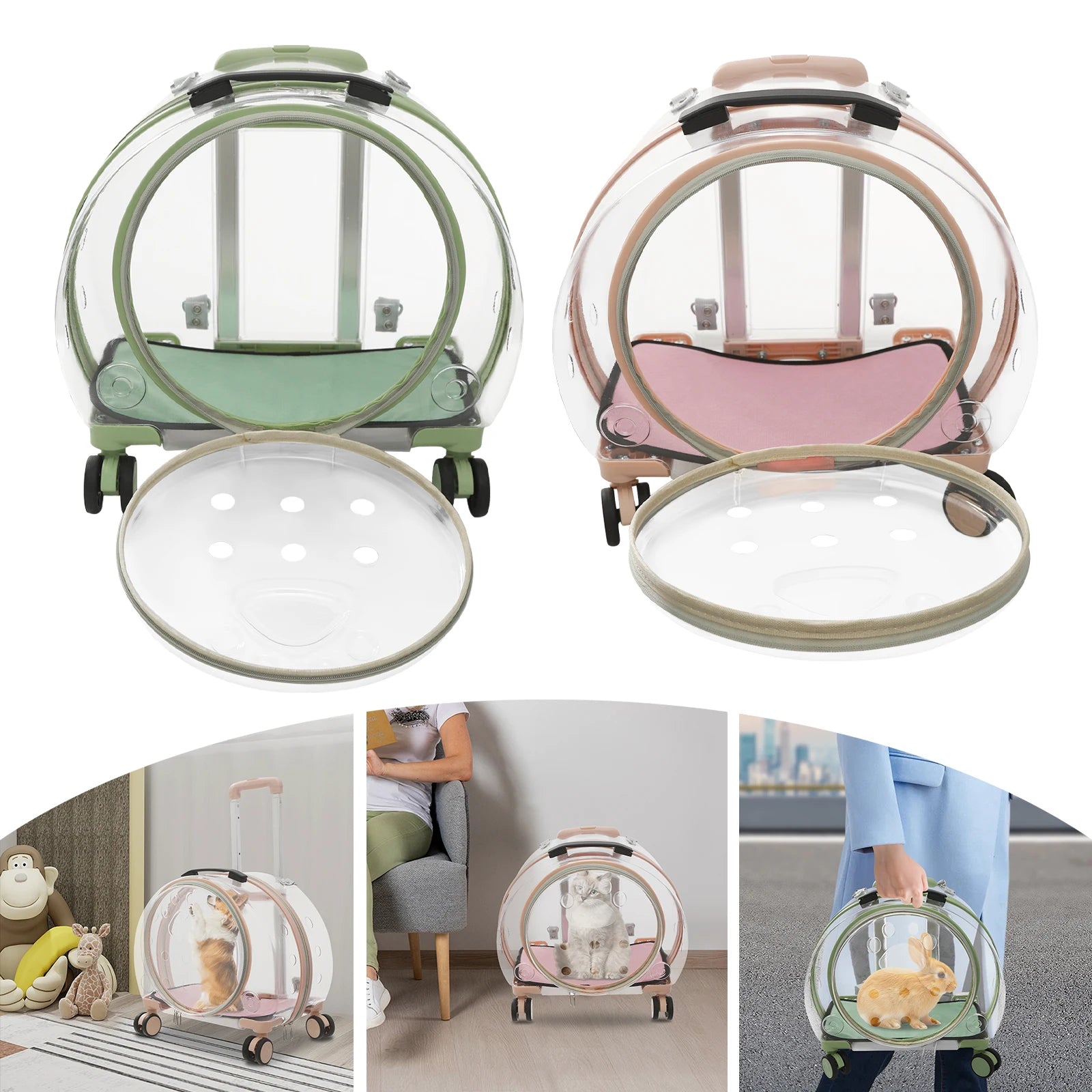 Pink/Green Breathable Pet Dog Cat Carrier with Wheels