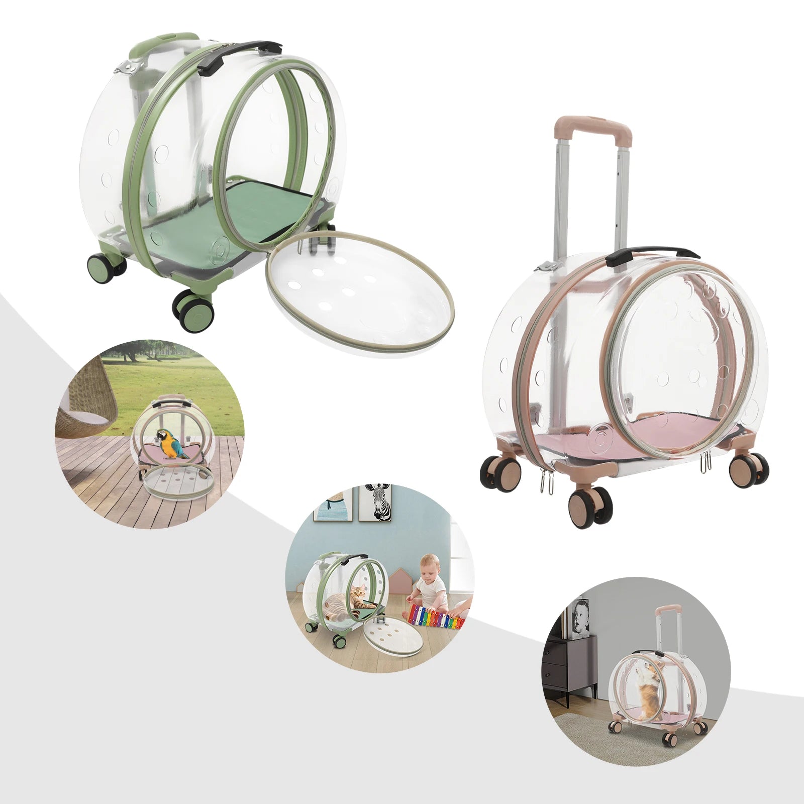 Pink/Green Breathable Pet Dog Cat Carrier with Wheels