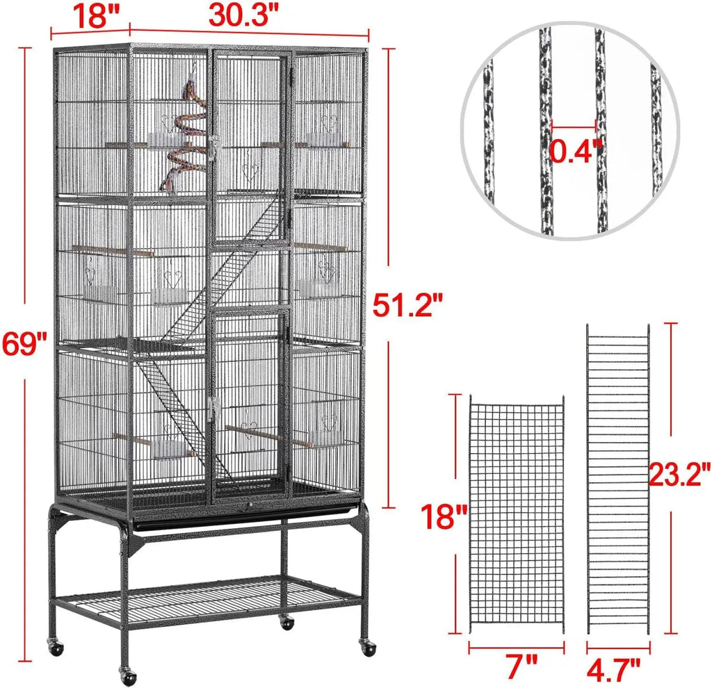 69-Inch Large Black Metal Bird Cage with Wheels