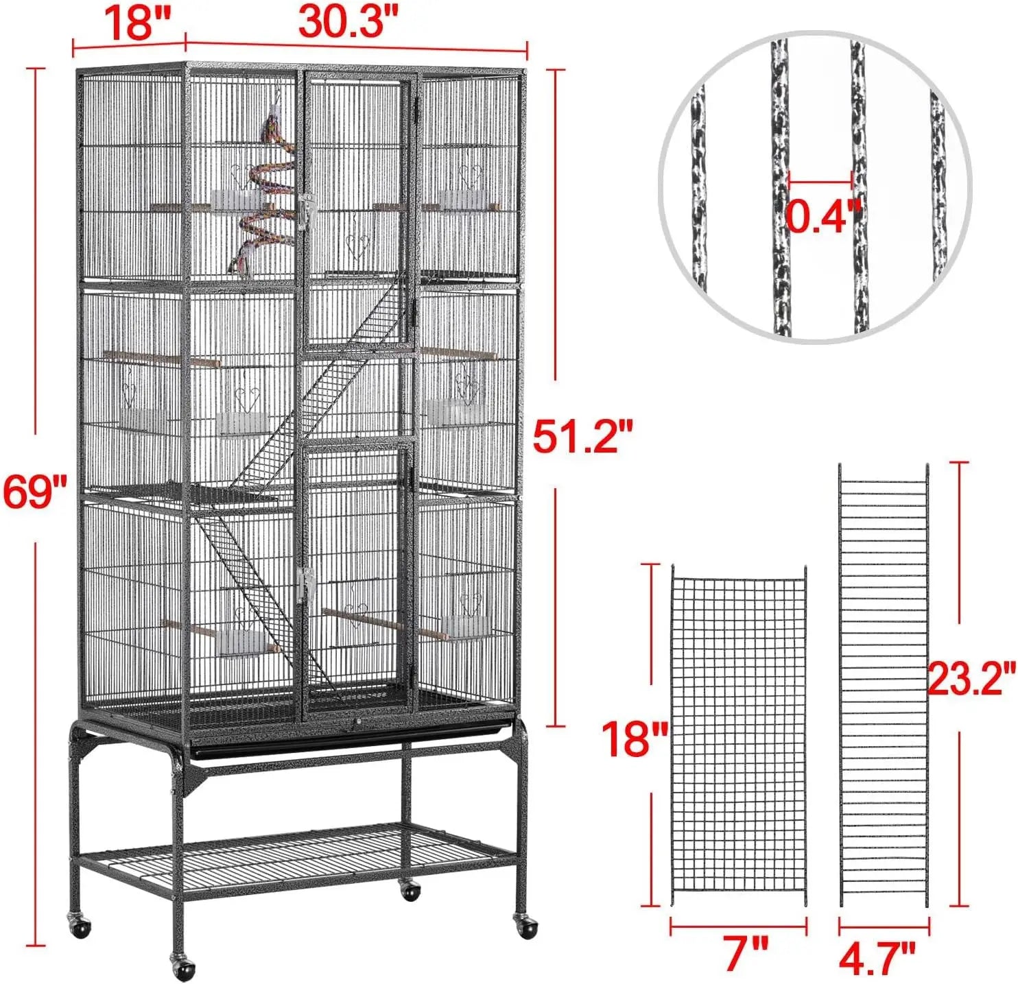 69-Inch Large Black Metal Bird Cage with Wheels