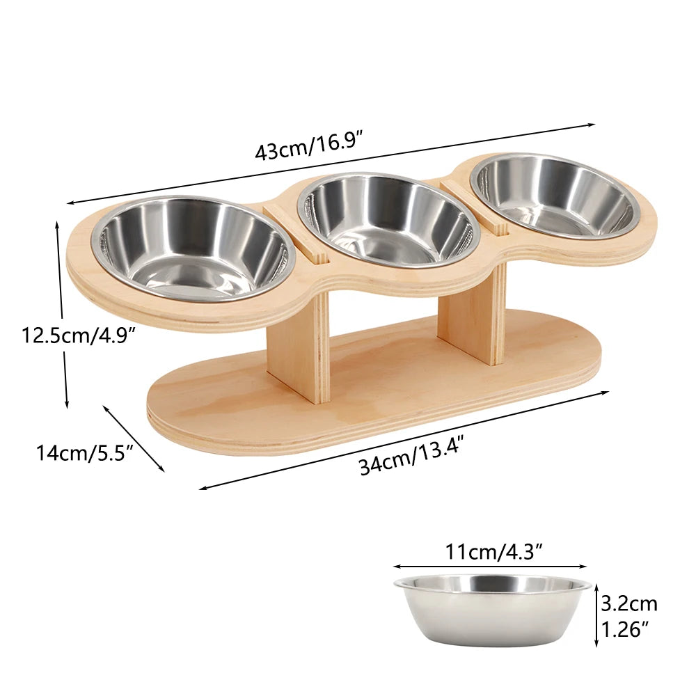 3 in 1 Food & Water Bowls with Wood Stand