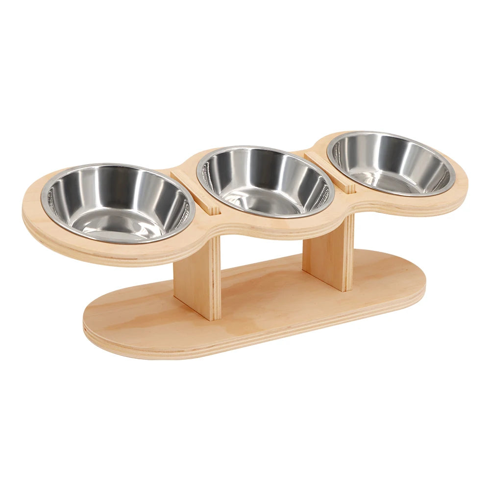 3 in 1 Food & Water Bowls with Wood Stand