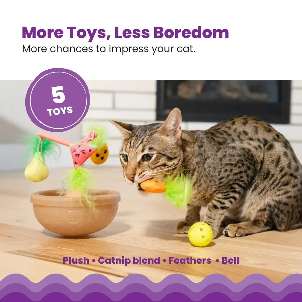 Wobbling Cat Fruit Bowl with 5 Interactive Catnip Toys