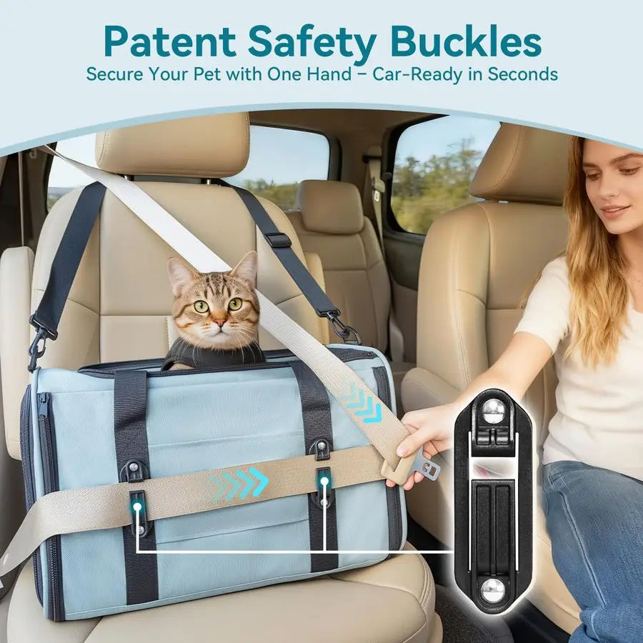 Airline Approved Pet Dog Cat Car Carrier with Safety Buckles