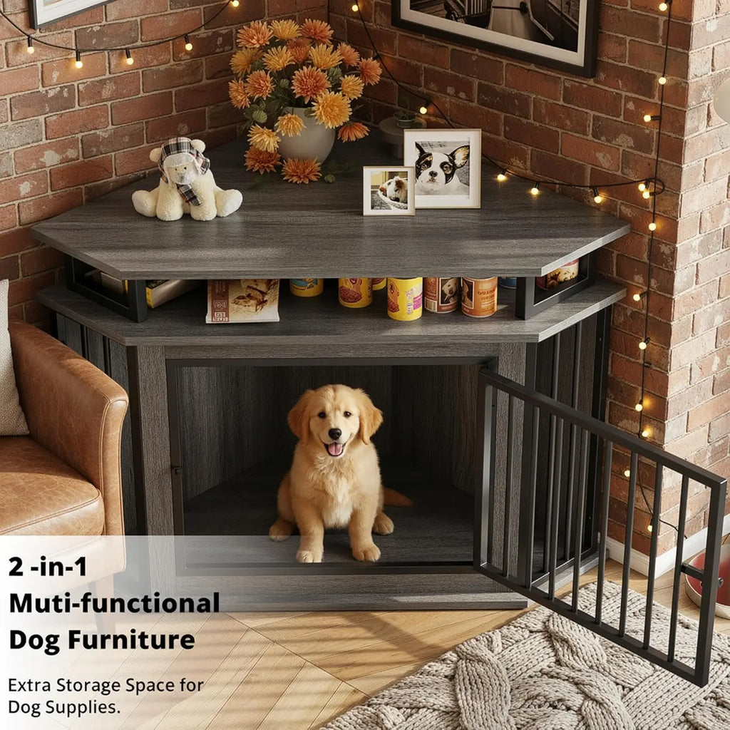 44" Corner Dog Crate with 2-Tier Shelves