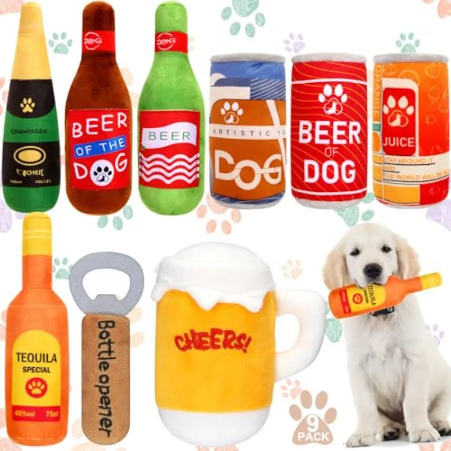 9 Pcs Beer Dog Squeaky Plush Toys Set
