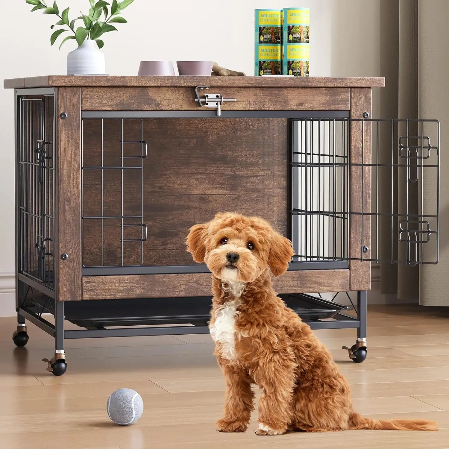 Rustic Dog Crate Furniture with Wheels 26in