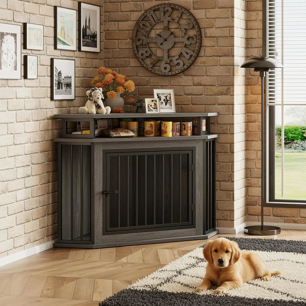 44" Corner Dog Crate with 2-Tier Shelves