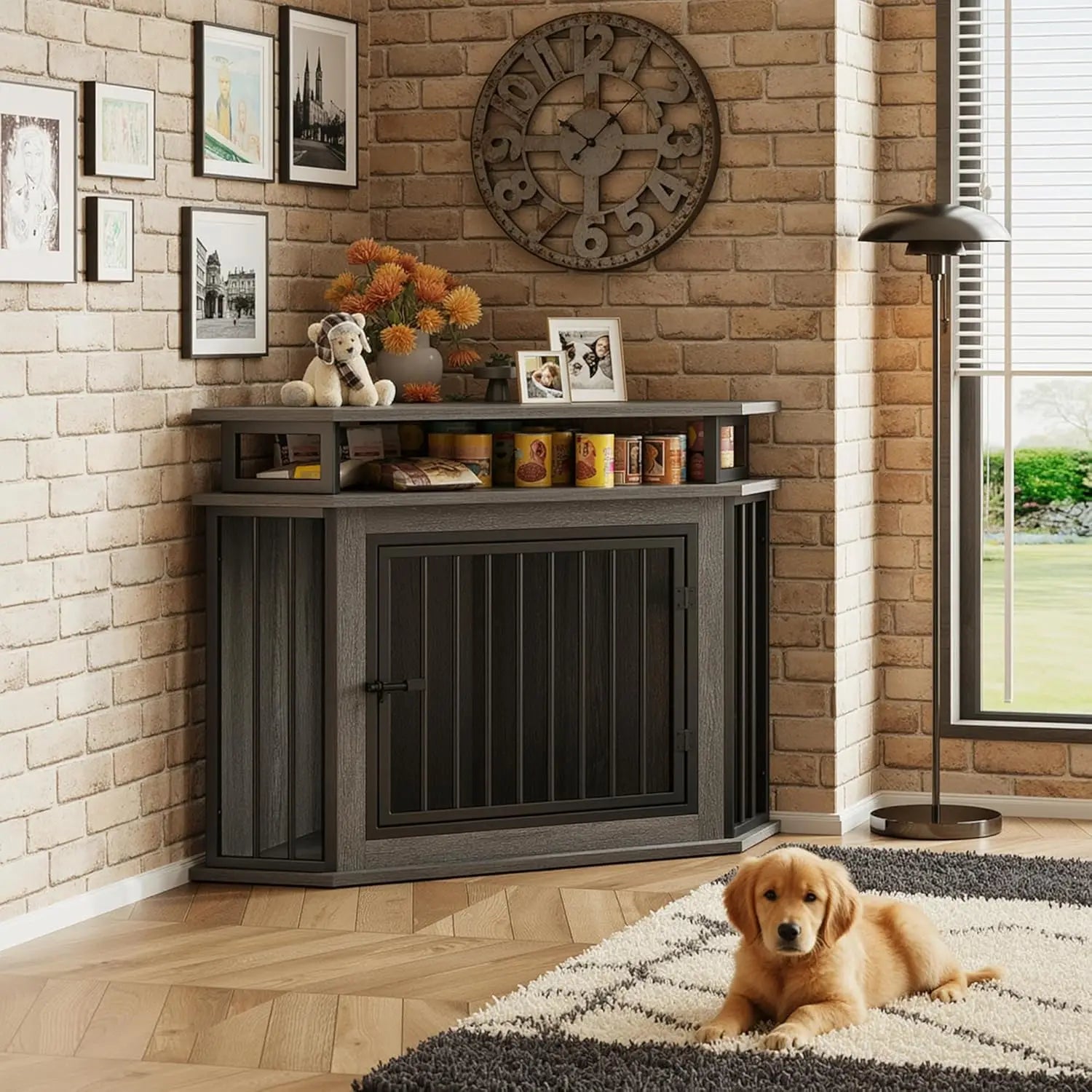 44" Corner Dog Crate with 2-Tier Shelves