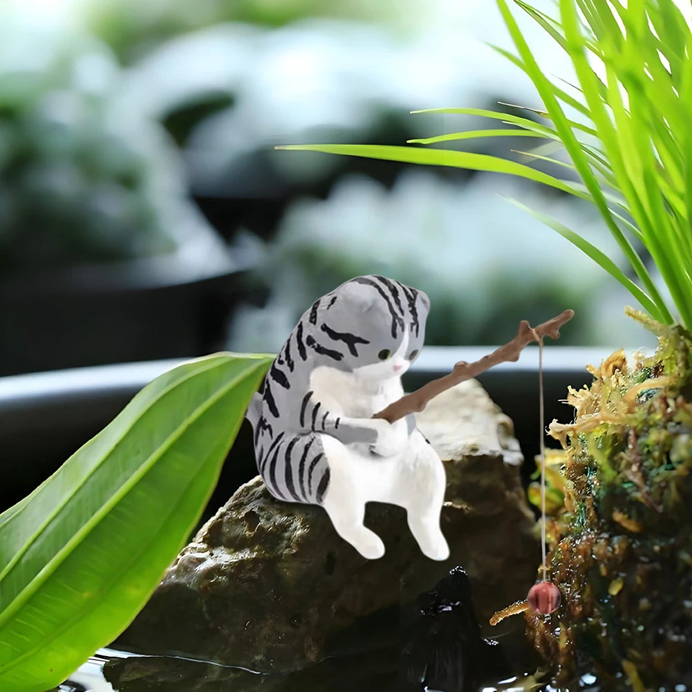 Cute Fishing Cat Figurine Ornament Aquarium Decoration