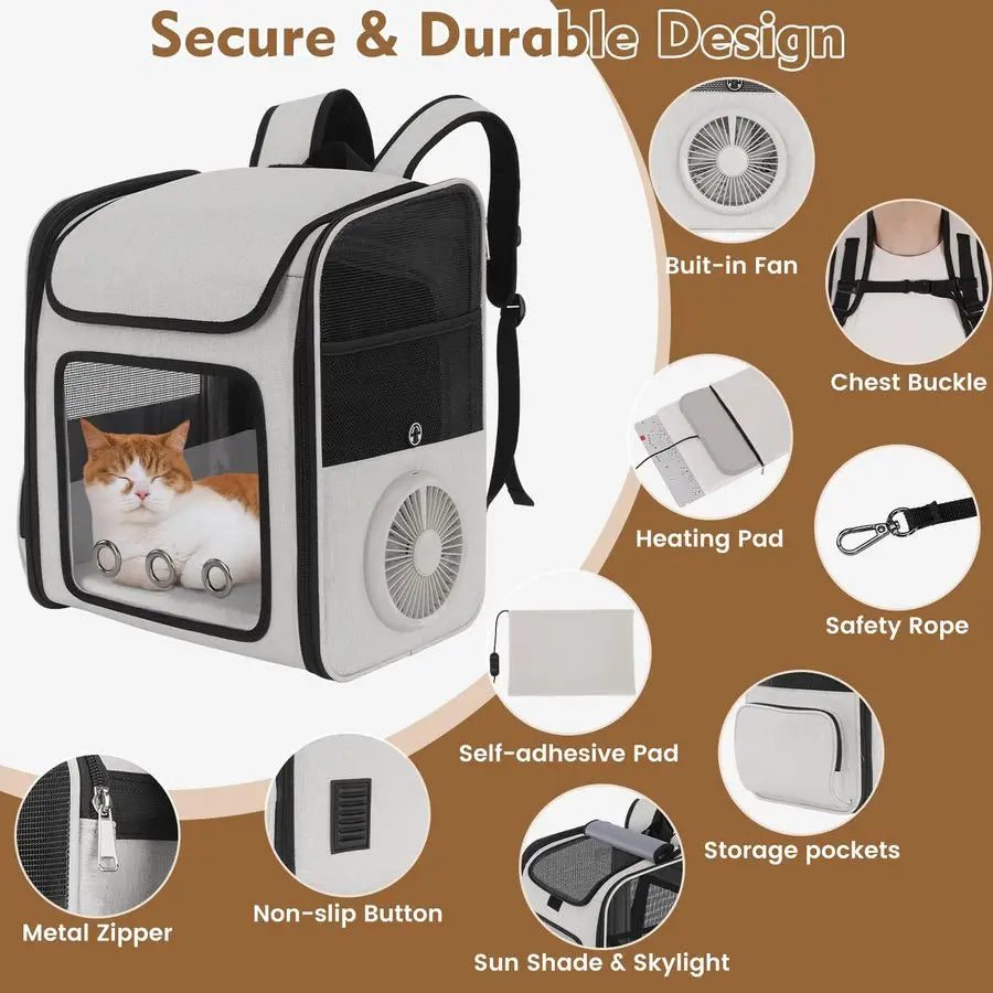 Backpack Pet Dog Cat Carrier with Built-in Cooling Fan & Heating Pad