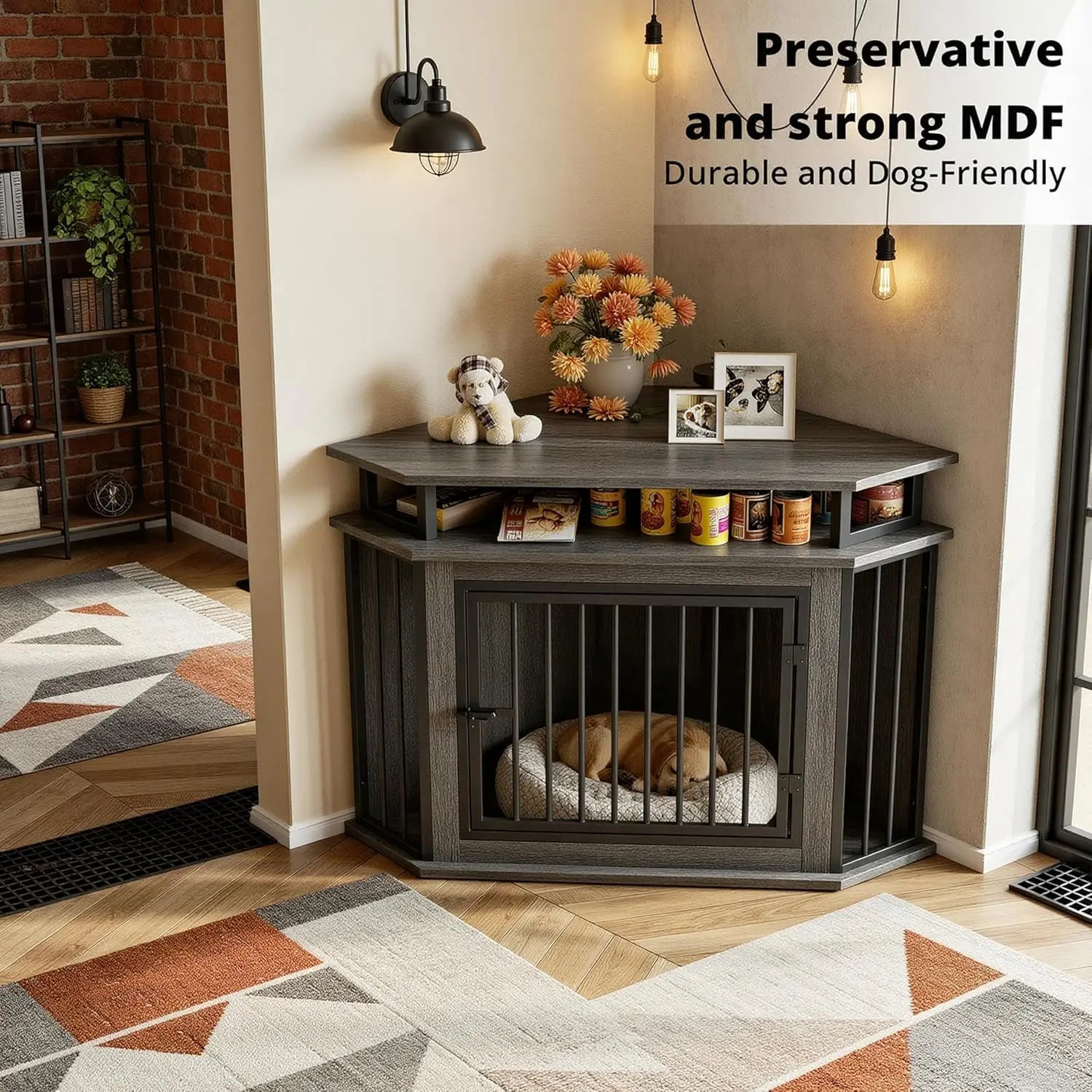 44" Corner Dog Crate with 2-Tier Shelves