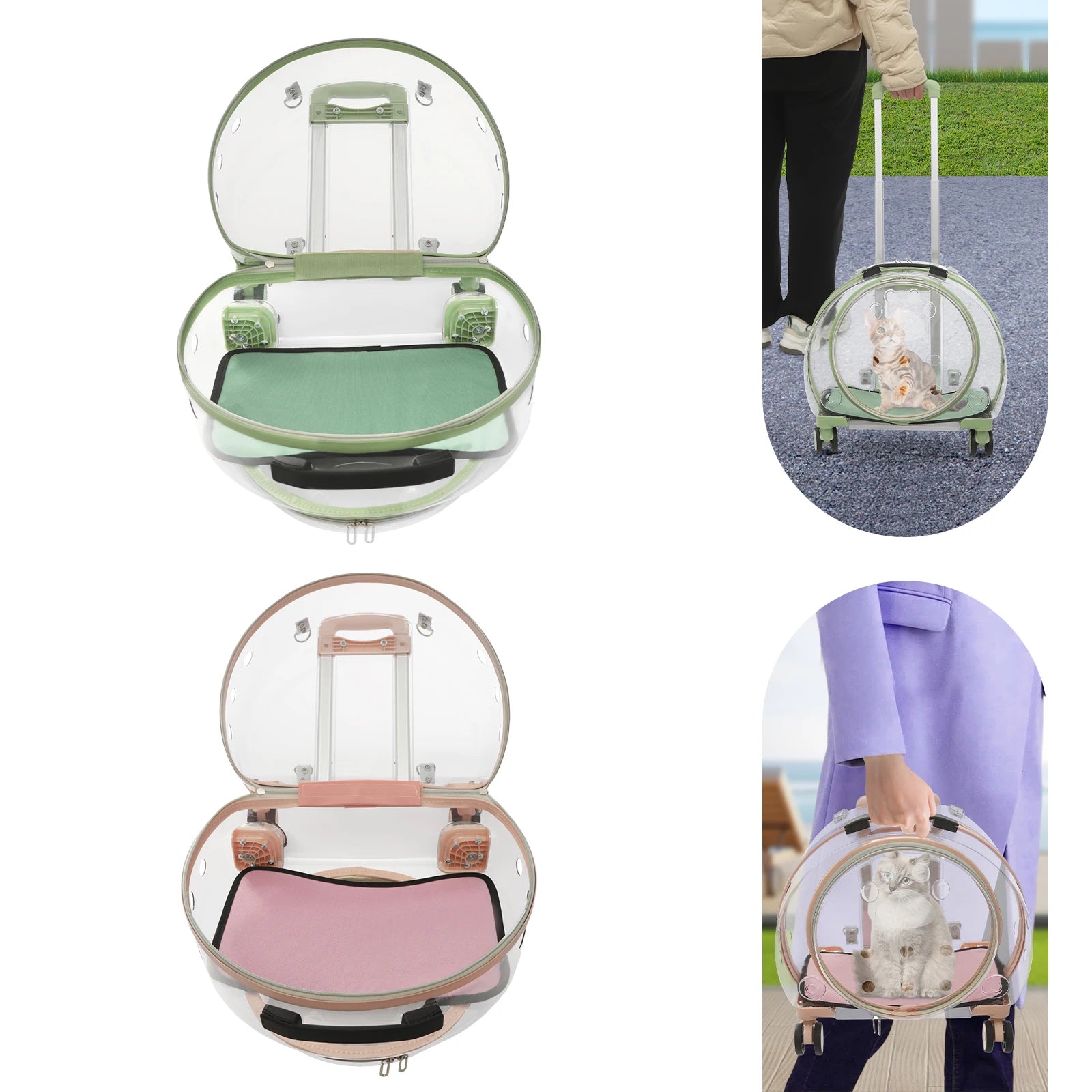 Pink/Green Breathable Pet Dog Cat Carrier with Wheels