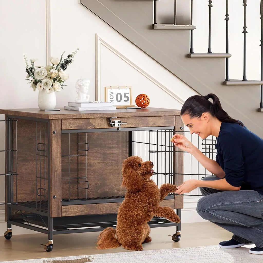 Rustic Dog Crate Furniture with Wheels 26in