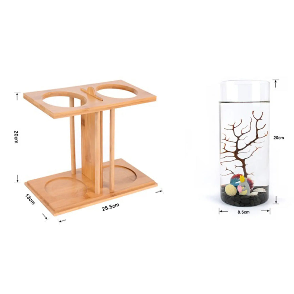 Dual Glass Betta Fish Tank with LED Light Bamboo Base