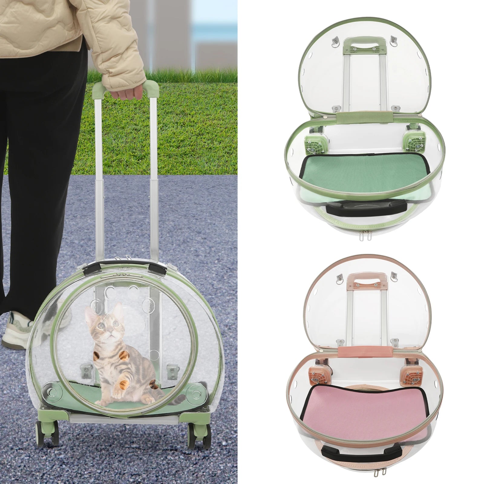 Pink/Green Breathable Pet Dog Cat Carrier with Wheels